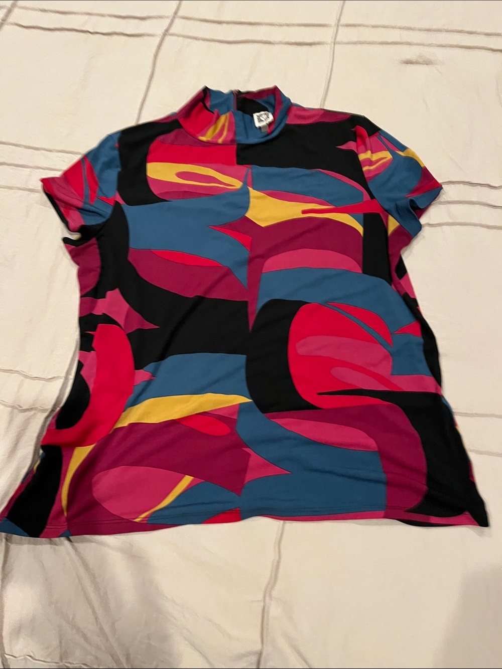 Anne Klein Short Sleeve Mock Neck Top in Black, Pink, Blue & Yellow